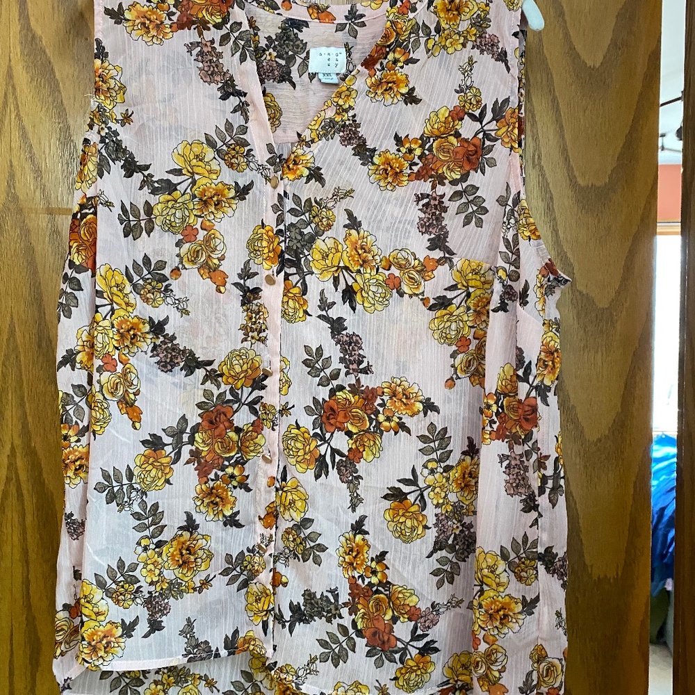Sheer button up sleeveless blouse